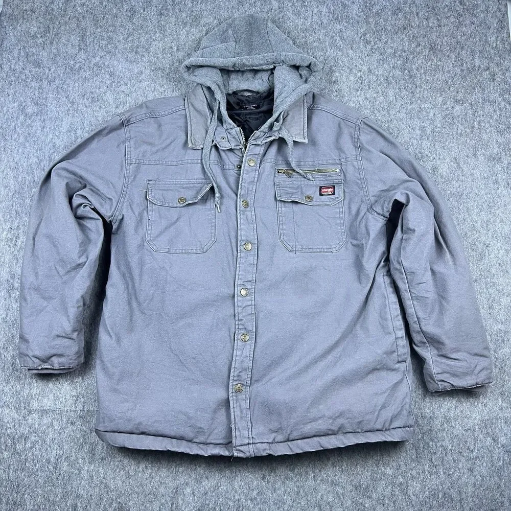 Wrangler Workwear Men's Jacket Hooded Light Grey Chore Coat Canvas Sz L (42-44)
